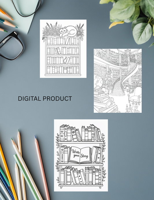 Bookish Digital Coloring Book | 30-Page Printable Library Theme Coloring Pages | Cozy Reading Adult Coloring Art | Instant Download 8.5x11 Activity - The Sticker Era