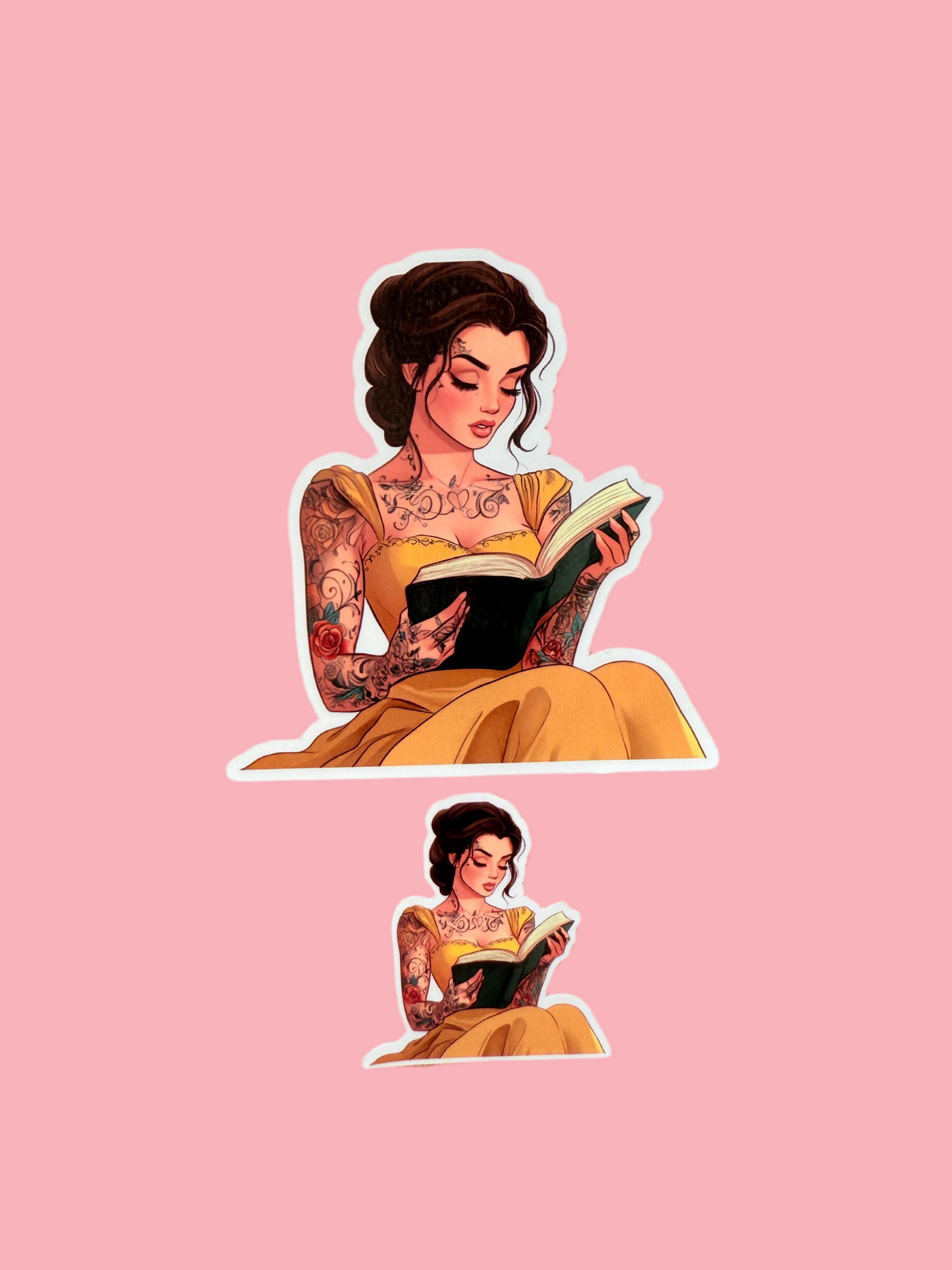 Tattooed Belle reading book sticker with dark fantasy princess design