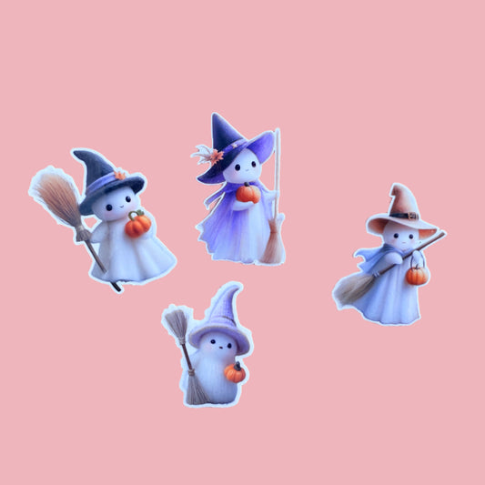 Cute Witch Ghost Sticker Pack | 4-Piece Halloween Ghost Bundle | Adorable Witchy Vinyl Decal | Spooky Fall Decor Laptop Water Bottle Stickers | 2.4-2.75" Approx. - The Sticker Era
