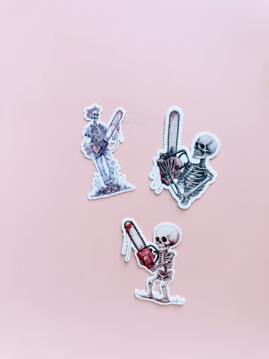 Skeleton Chainsaw Sticker Bundle | 3-Piece Horror Vinyl Decal Pack | Macabre Gothic Edgy Art | Spooky Halloween Laptop Water Bottle Stickers | Multiple Designs & Sizes - The Sticker Era