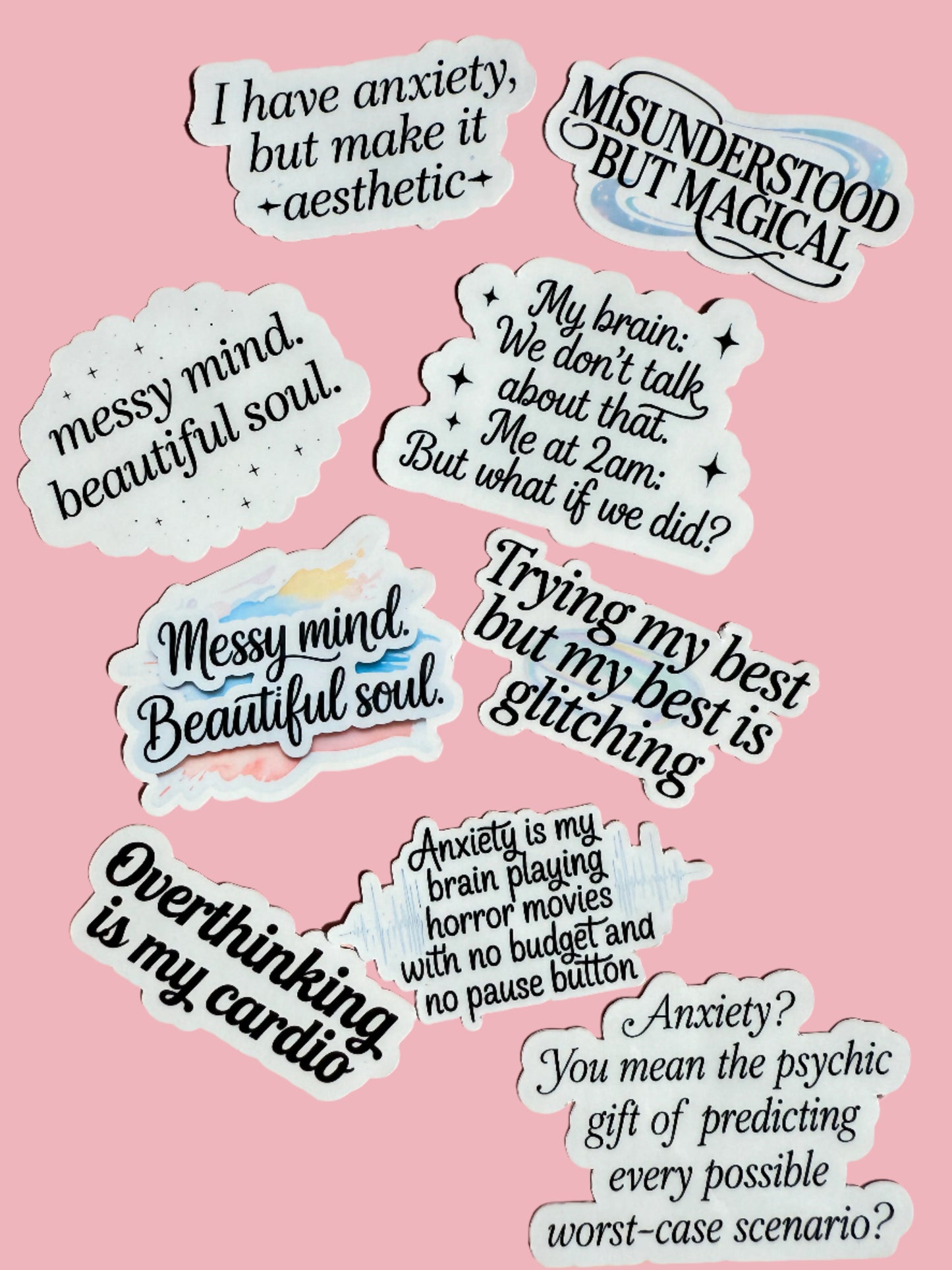 Mental Health Sticker Pack | 8-Piece Anxiety Humor Relatable Quotes Vinyl Decal | Neurodivergent Self-Love Overthinking Laptop Water Bottle Stickers | 2.3-3" Sizes - The Sticker Era