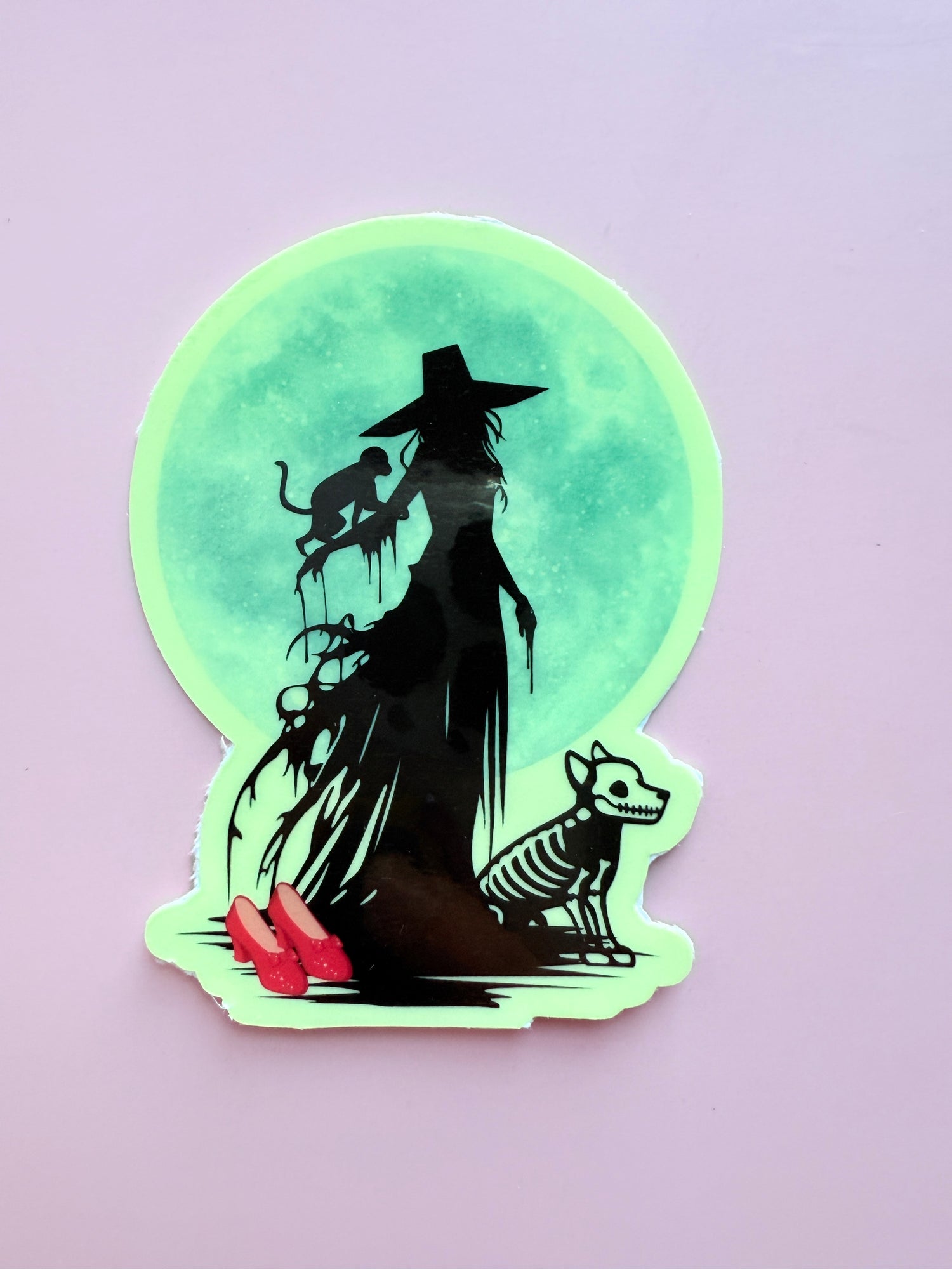 Glow in the Dark Witch Sticker | Full Moon Silhouette Vinyl Decal | Halloween Skeleton Dog & Familiar Mysterious Gothic Fantasy Laptop Water Bottle Sticker | 3.11-inch - The Sticker Era