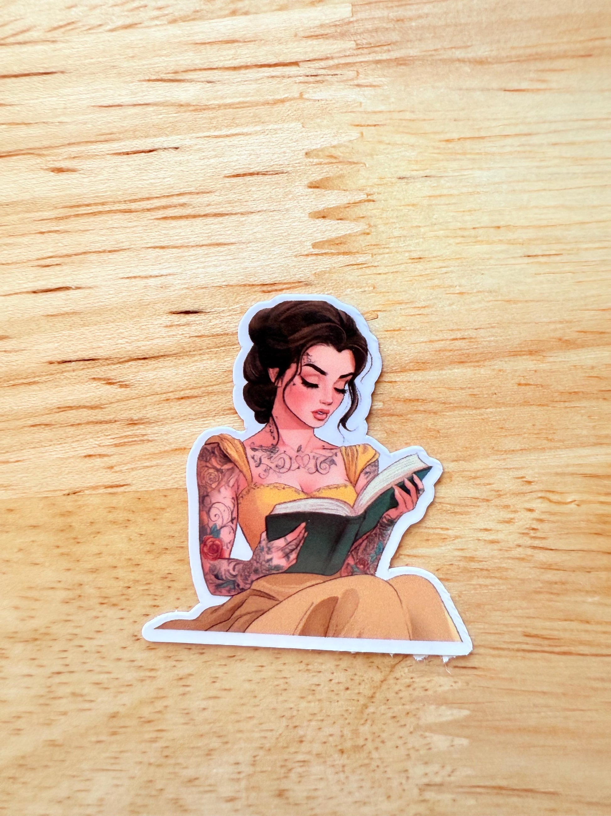 Tattooed Belle Reading Sticker | Bookish Vinyl Decal with Edgy Princess Aesthetic | Tattoo Princess Book Lover Gift | Journal & Kindle Sticker | Multiple Sizes - The Sticker Era