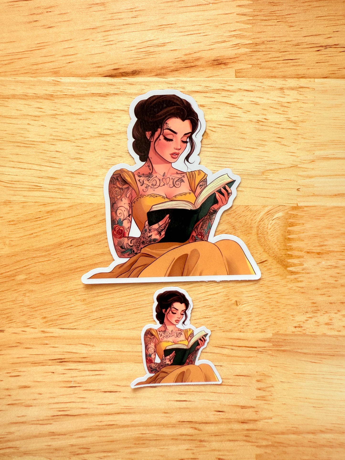 Tattooed Belle Reading Sticker | Bookish Vinyl Decal with Edgy Princess Aesthetic | Tattoo Princess Book Lover Gift | Journal & Kindle Sticker | Multiple Sizes - The Sticker Era