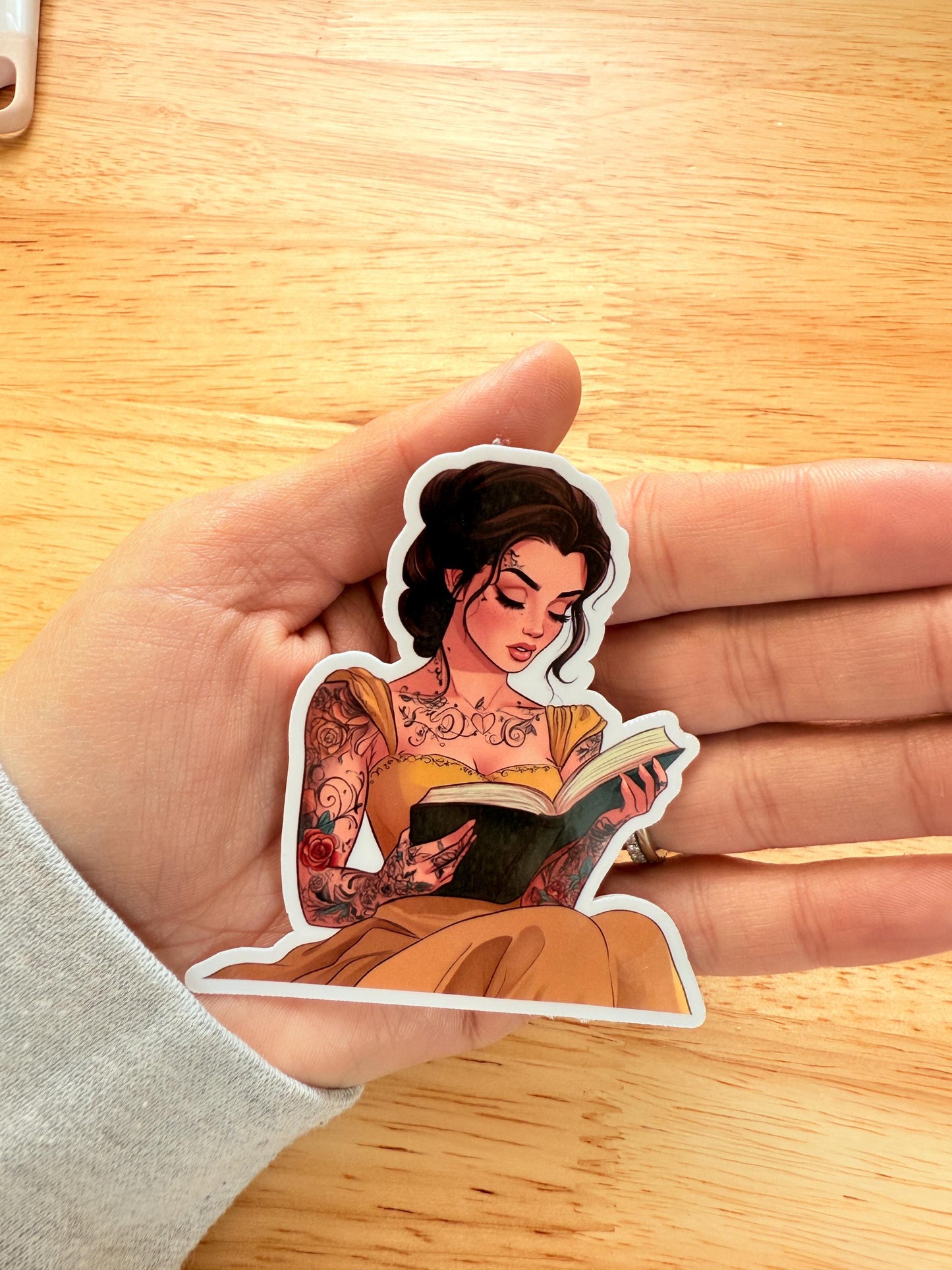 Tattooed Belle Reading Sticker | Bookish Vinyl Decal with Edgy Princess Aesthetic | Tattoo Princess Book Lover Gift | Journal & Kindle Sticker | Multiple Sizes - The Sticker Era