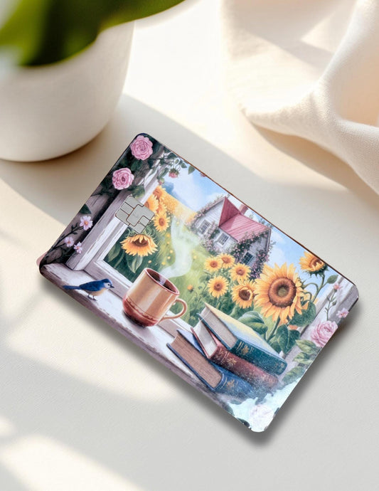 A debit card skin with a cozy sunflower garden view, coffee mug, and open books. Ideal for floral lovers and cozy cottagecore fans.