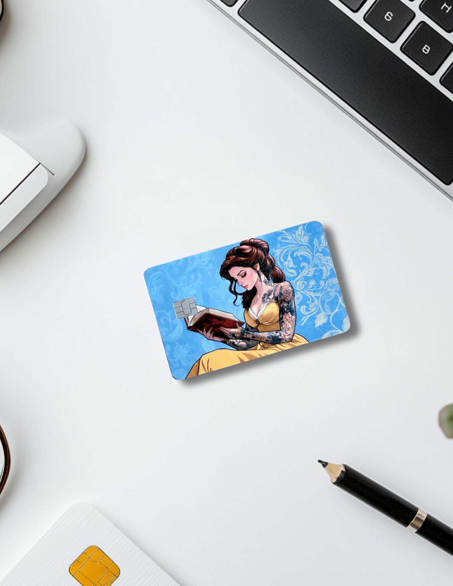 Vinyl princess card cover in edgy tattooed Belle design for debit or credit cards