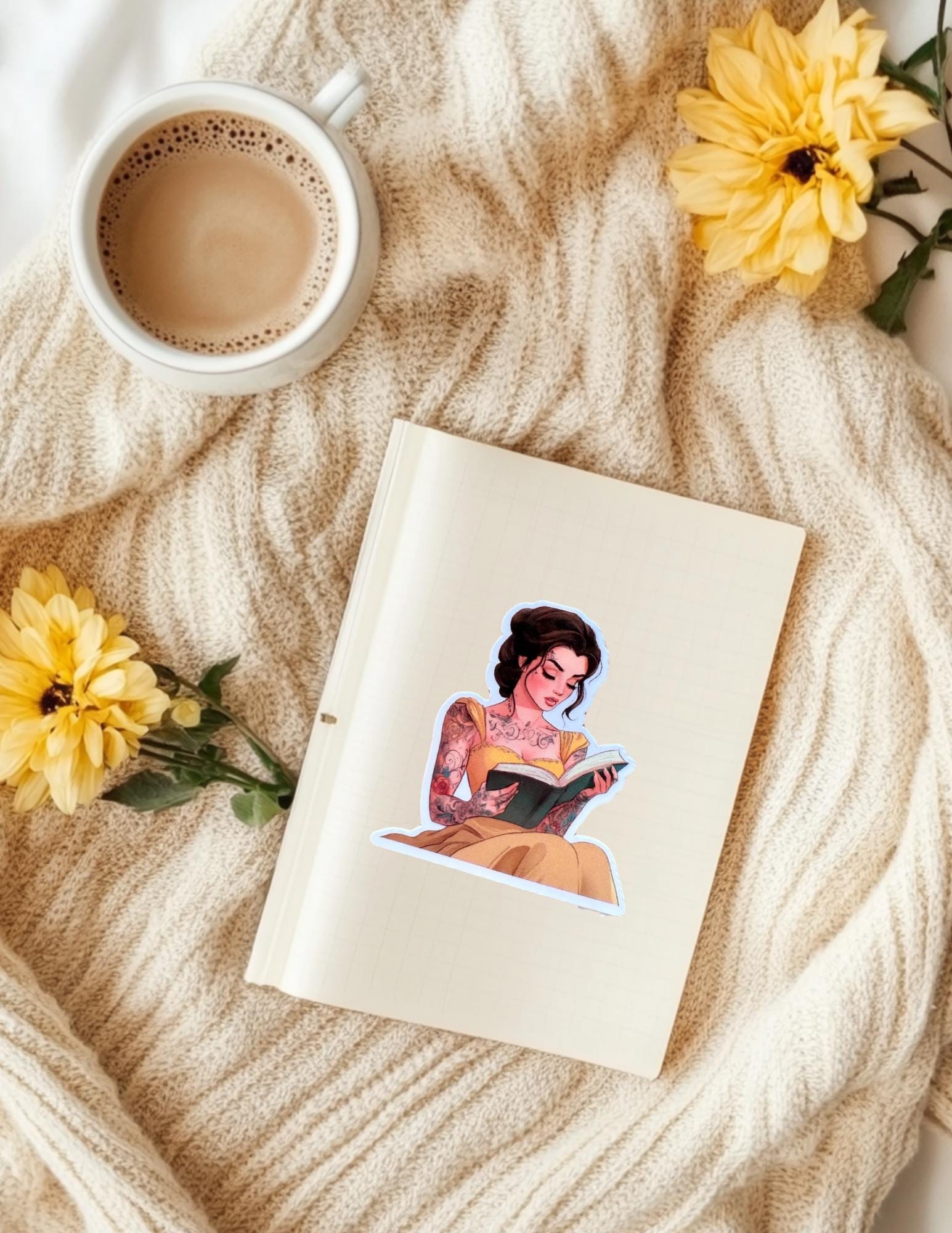 Edgy bookish vinyl decal featuring a tattooed Belle reading