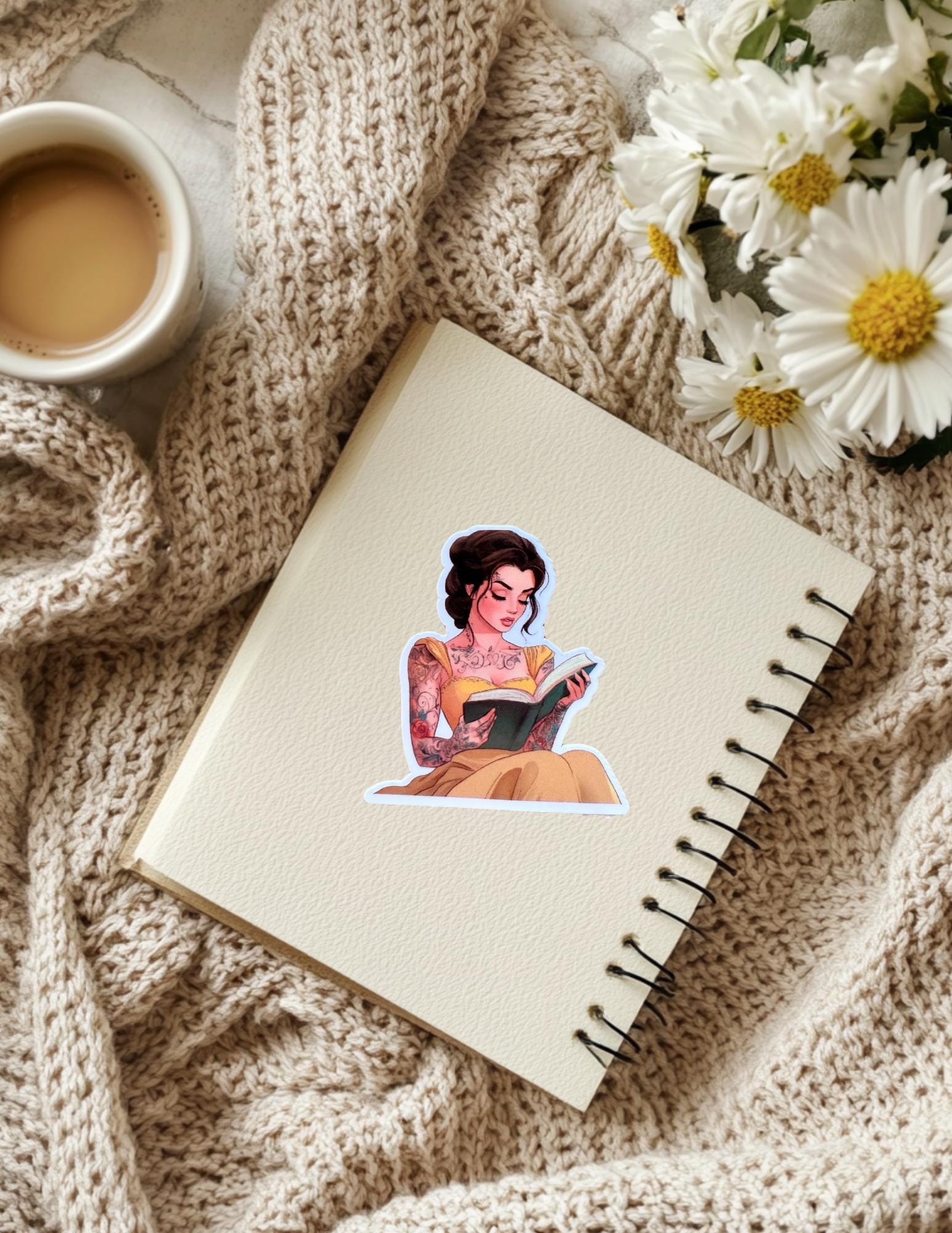 Fantasy tattooed princess bookworm sticker, vinyl fairytale artwork