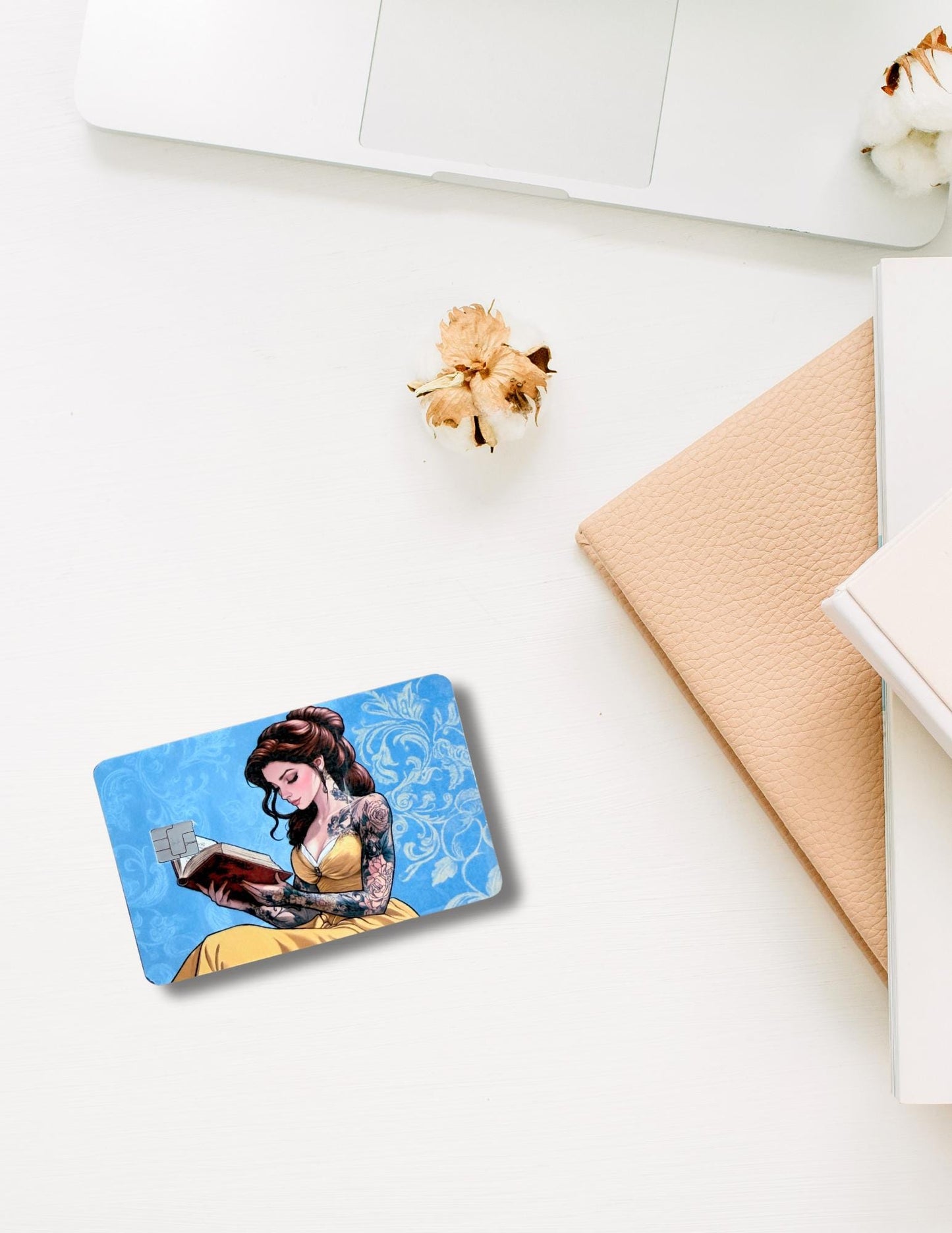 Elegant damask debit card sticker featuring tattooed Belle for fairytale lovers