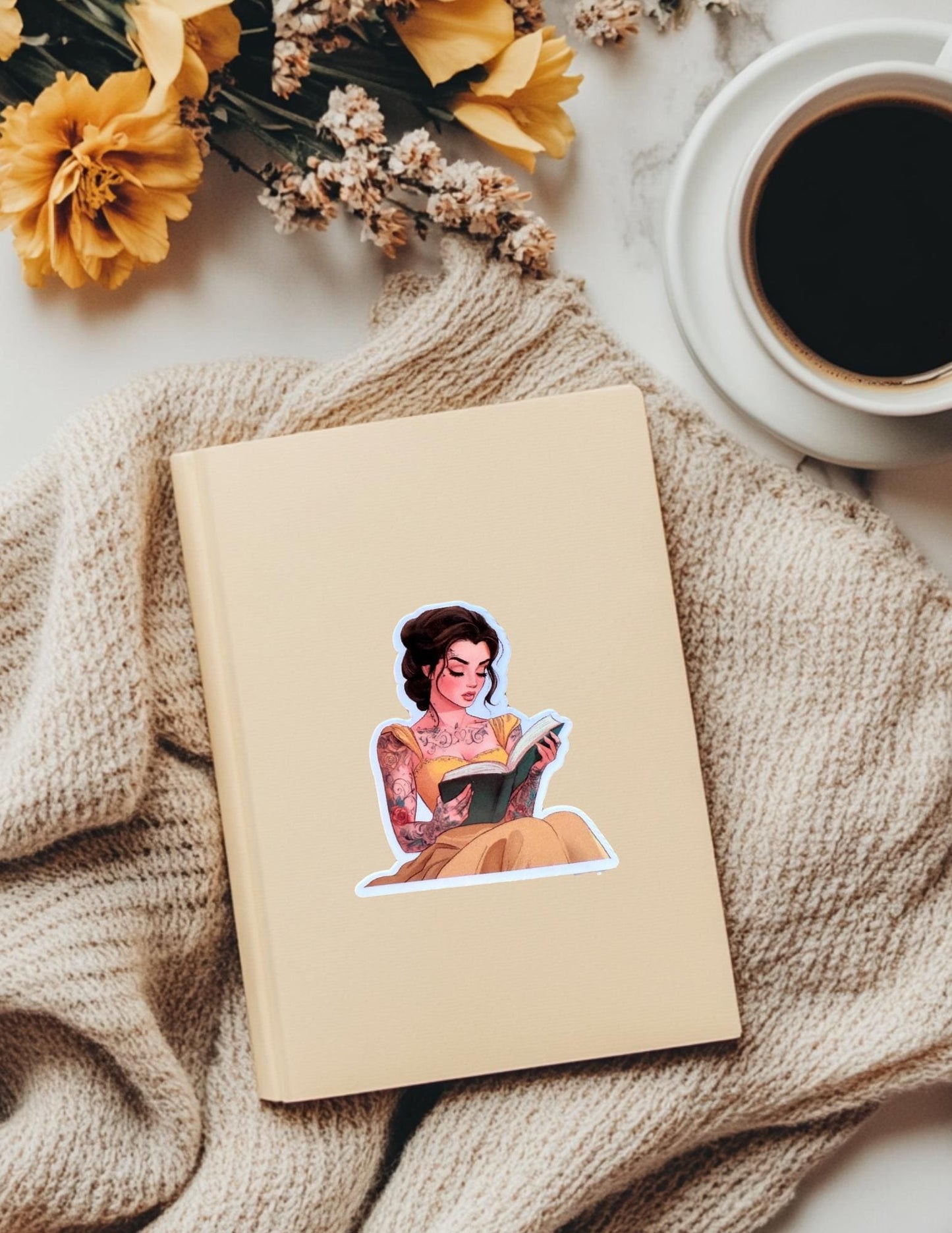 Princess aesthetic Belle reading sticker, ideal for journals and laptops