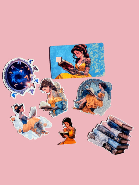 Tattooed Book Lover fantasy sticker set with debit card vinyl skin